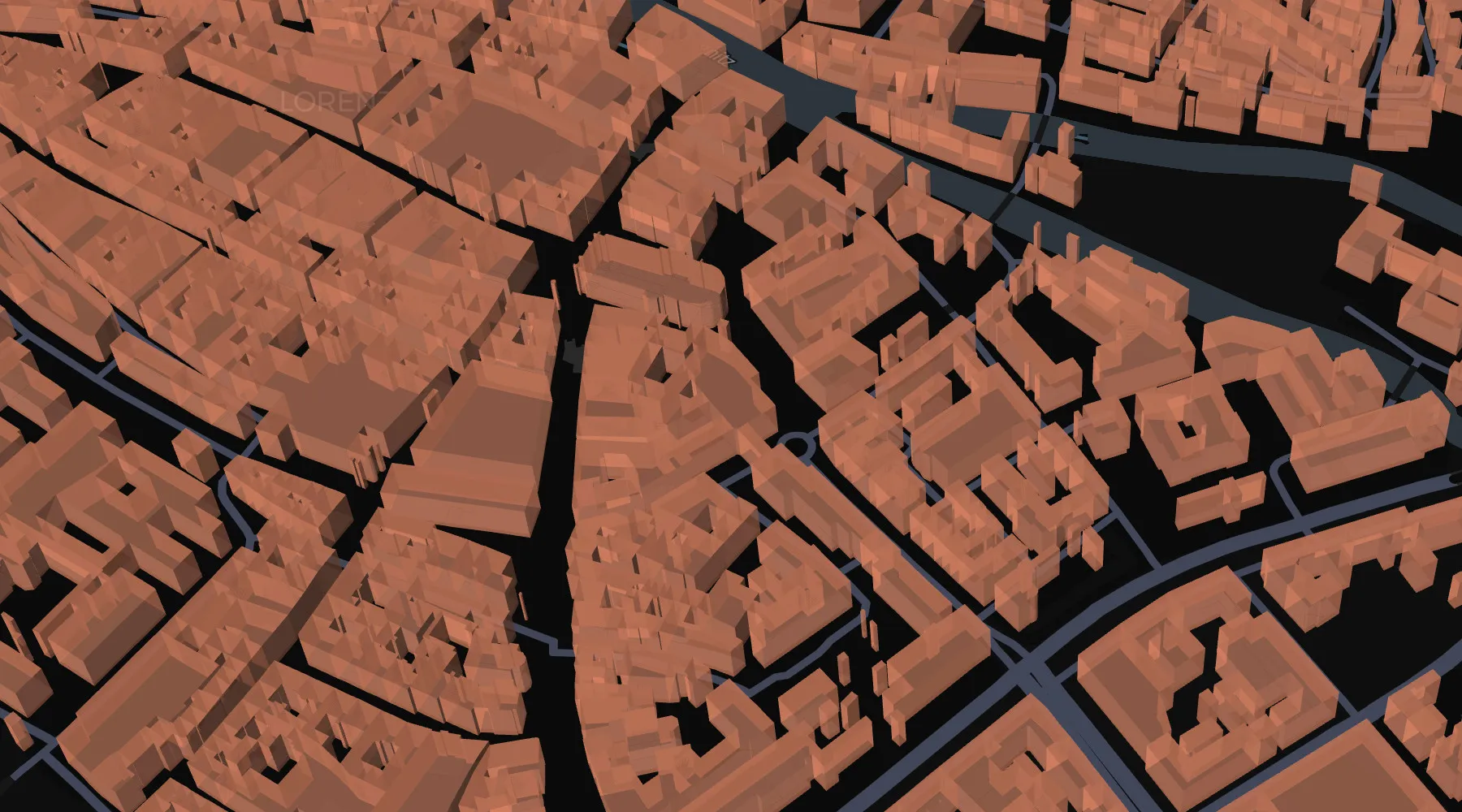 Bildschirmfoto von 3D-Gebäuden auf einer Karte