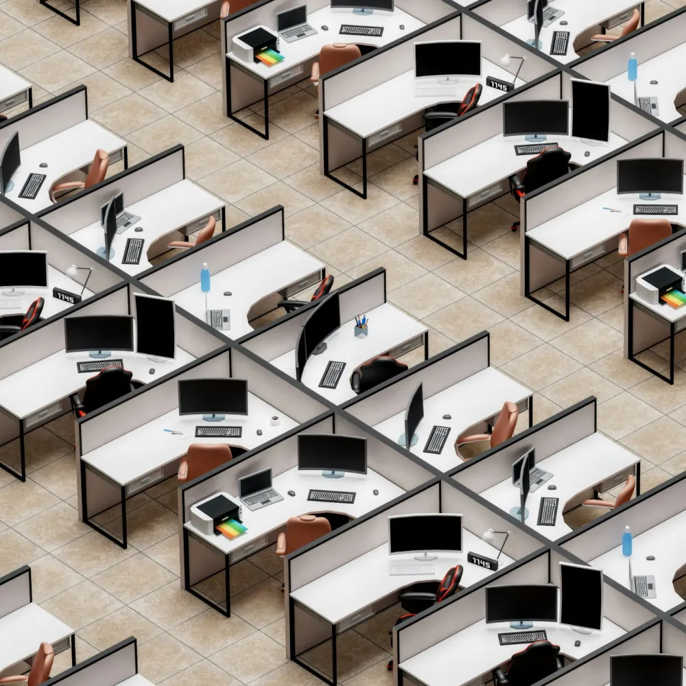 Computergeneriertes Bild von vielen leeren Computerarbeitsplätzen von oben