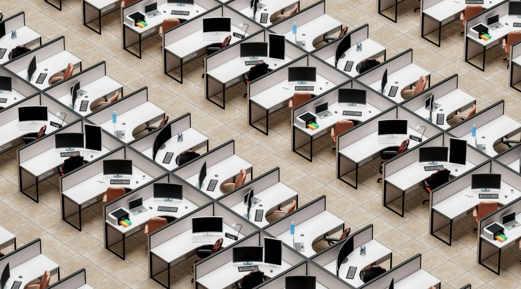 Computergeneriertes Bild von vielen leeren Computerarbeitsplätzen von oben