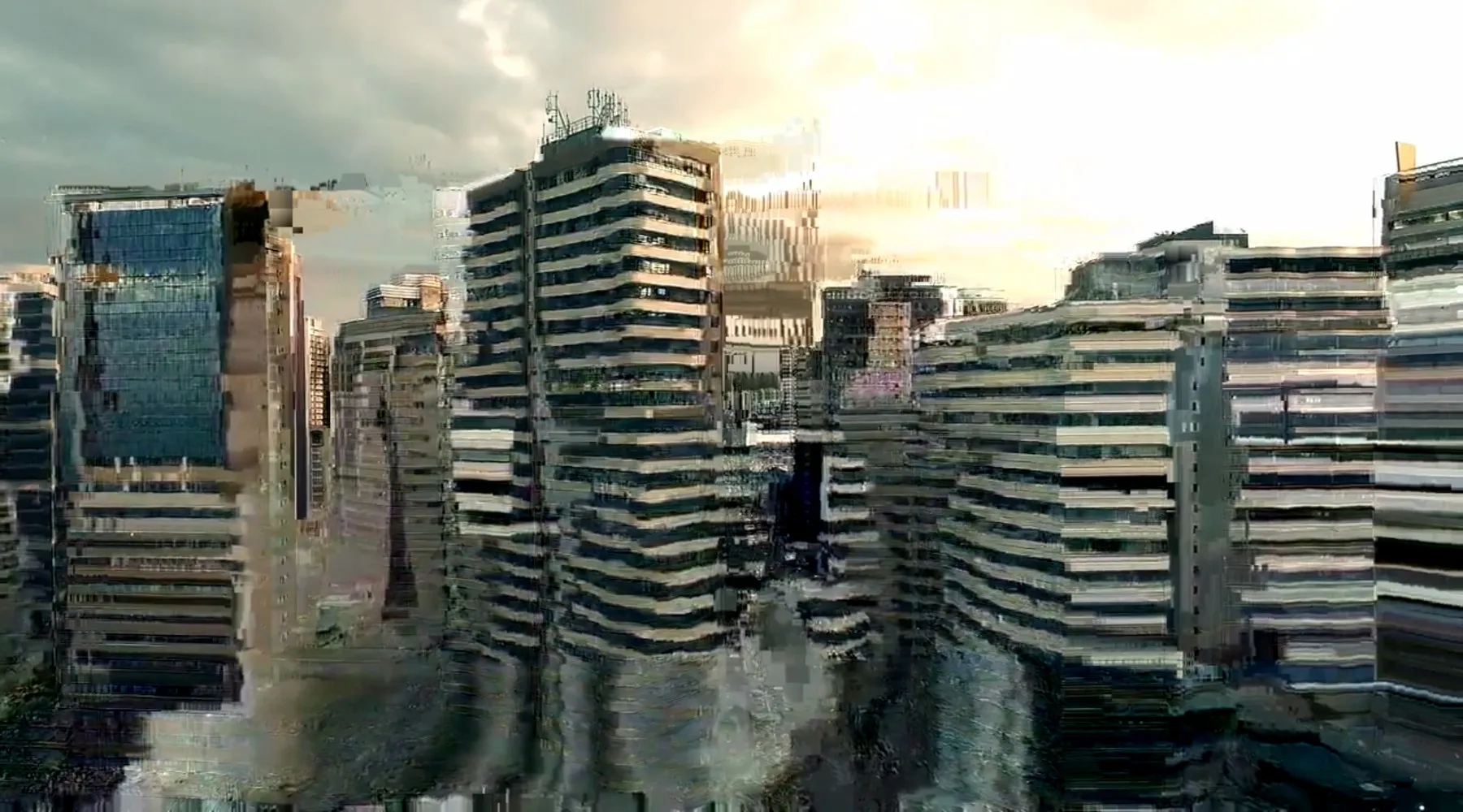 Image of a skyscraper interspersed with digital glitches.