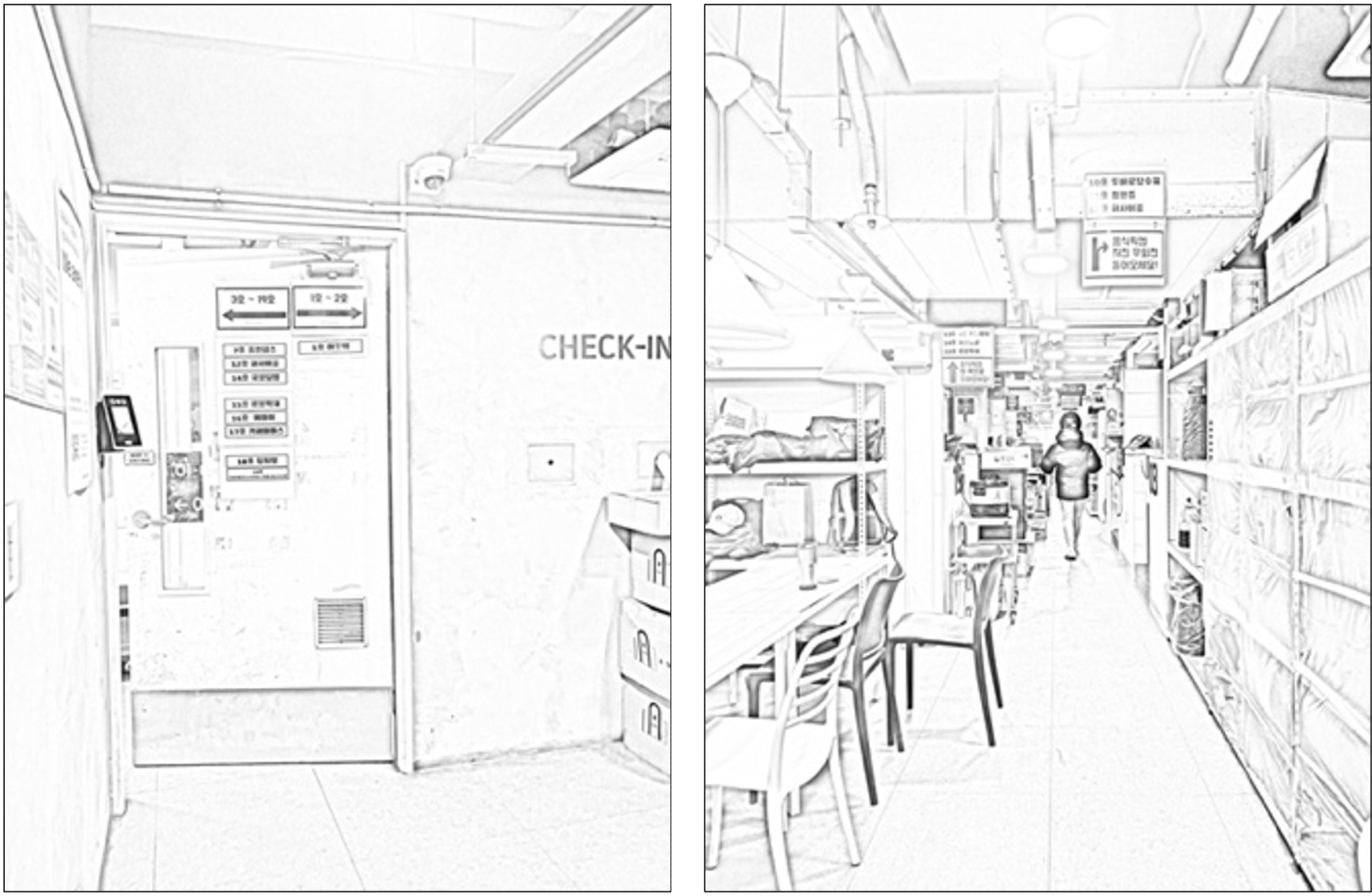 A drawing shows the insides of a dark kitchen